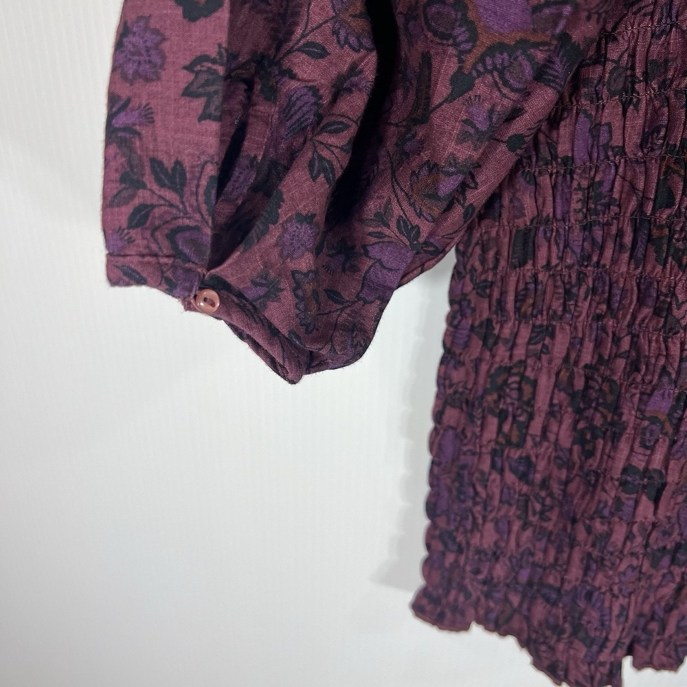 Free People Smock It To Me Mini Dress XS Burgundy Floral Puff Sleeve Cotton NEW - Picture 8 of 13